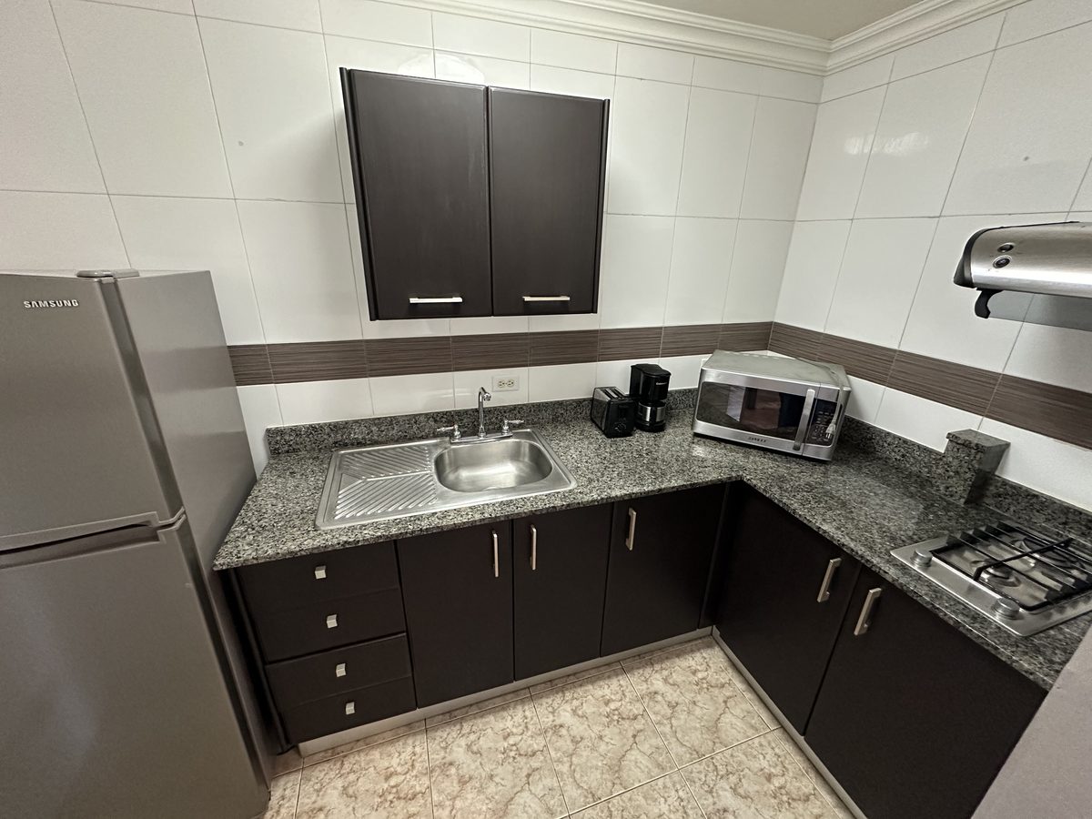 Junior Suite — cocina privada equipada con refrigerador, microondas y estufa