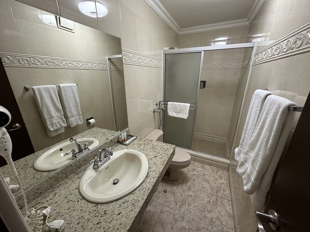 Junior Suite — baño privado con doble lavabo y ducha de vidrio